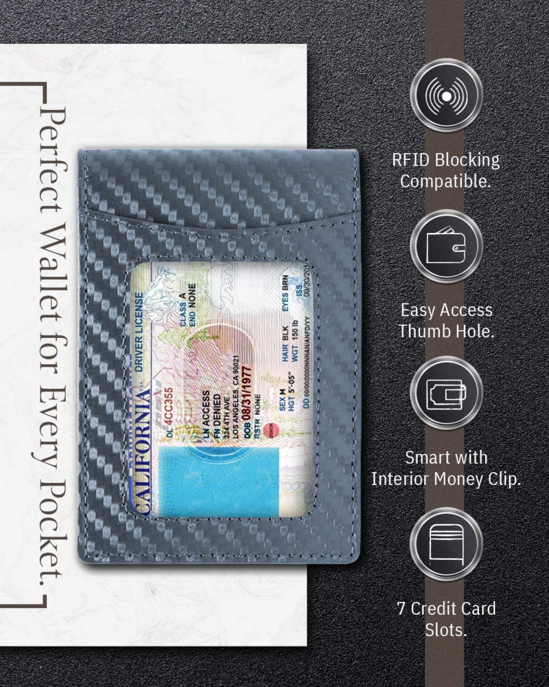 Access Denied Leather Carbon Fiber Wallets For Men - Navy Blue Money Clip Bifold Mens Wallet RFID Front Pocket Thin Credit Card Holder - Gifts For Men - Image 3